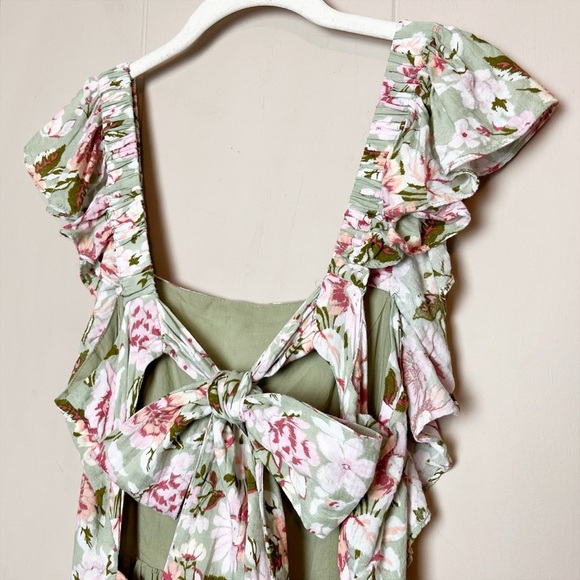 En Saison Maris Green Floral Midi Dress Medium tie back ruffle flowy retro sage - Picture 6 of 13